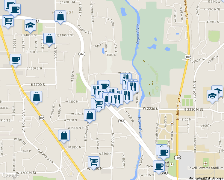 map of restaurants, bars, coffee shops, grocery stores, and more near 2266 North University Parkway in Provo