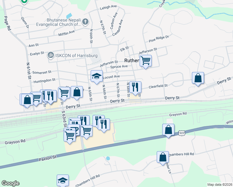 map of restaurants, bars, coffee shops, grocery stores, and more near 6640 Clearfield Street in Harrisburg