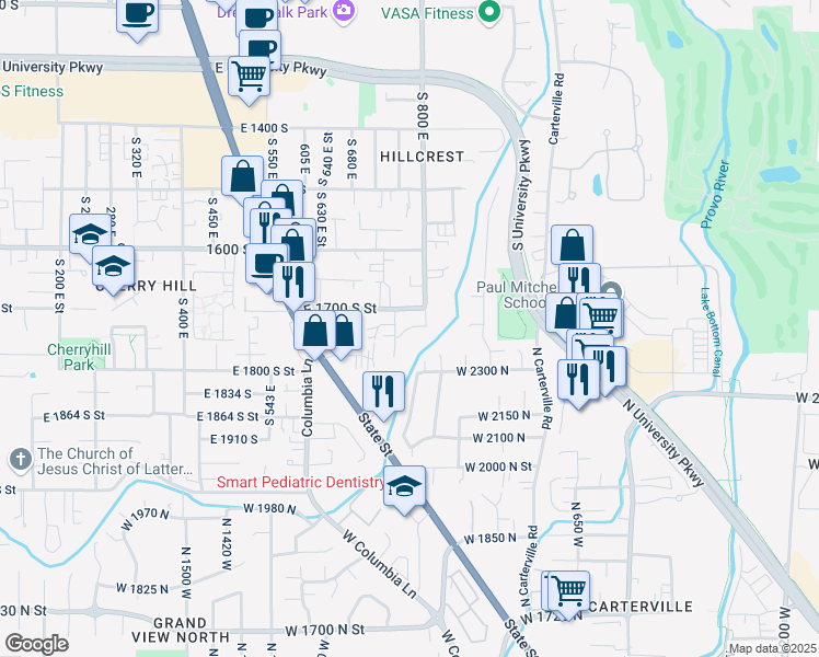 map of restaurants, bars, coffee shops, grocery stores, and more near 1740 South in Orem