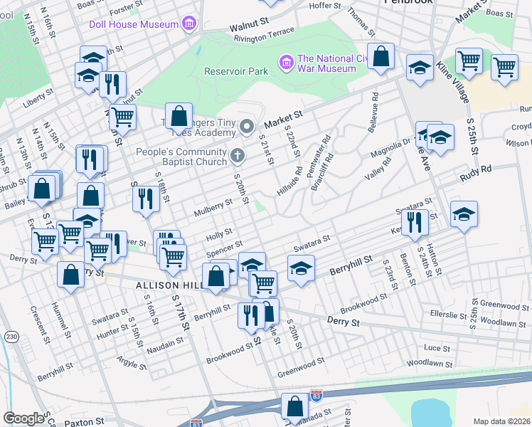 map of restaurants, bars, coffee shops, grocery stores, and more near 2007 Mulberry Street in Harrisburg