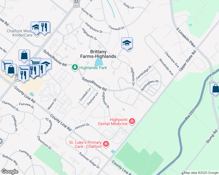 map of restaurants, bars, coffee shops, grocery stores, and more near 125 Galway Circle in Chalfont