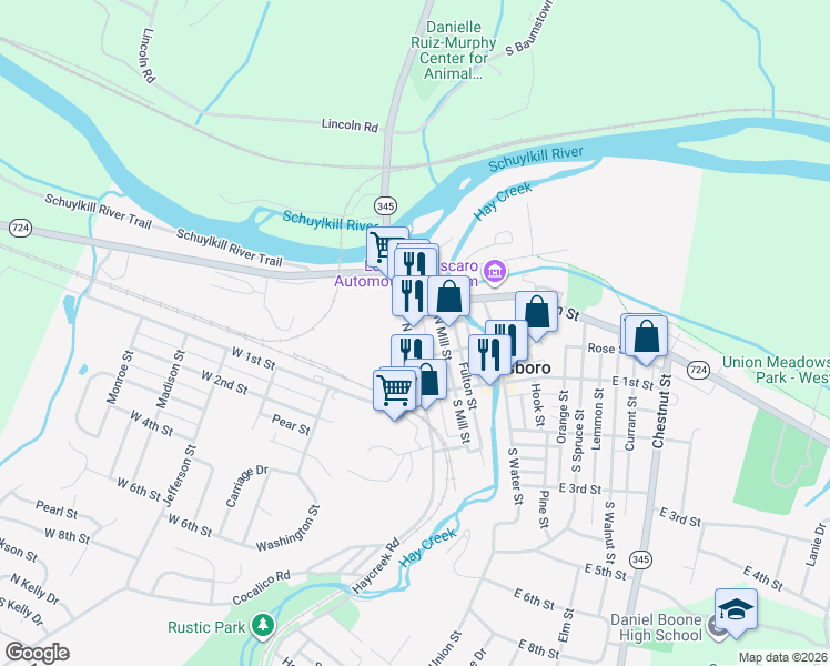 map of restaurants, bars, coffee shops, grocery stores, and more near 200-298 North Furnace Street in Birdsboro