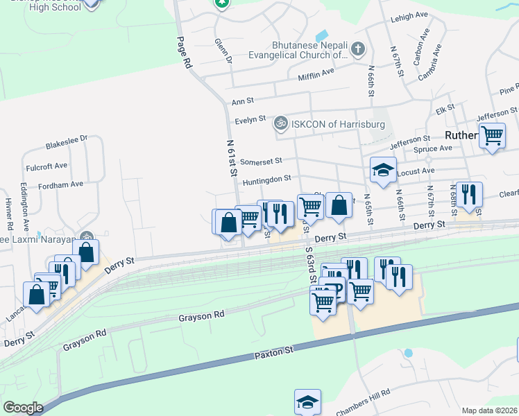 map of restaurants, bars, coffee shops, grocery stores, and more near 201 North 62nd Street in Harrisburg