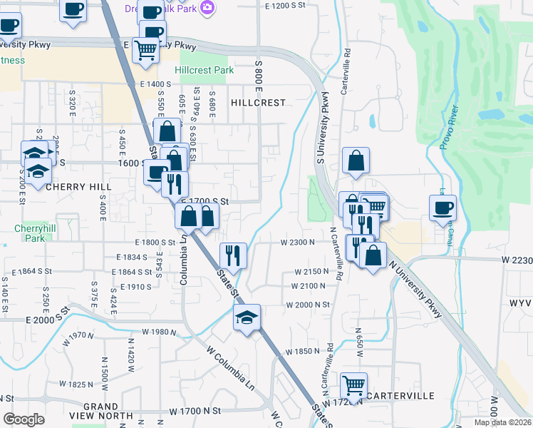 map of restaurants, bars, coffee shops, grocery stores, and more near 812 East 1740 South in Orem