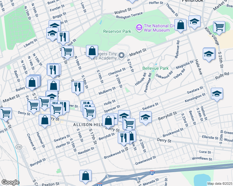 map of restaurants, bars, coffee shops, grocery stores, and more near 221 Yale Street in Harrisburg