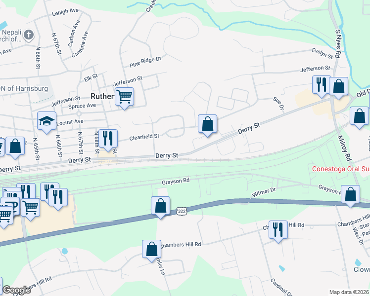 map of restaurants, bars, coffee shops, grocery stores, and more near 7340 Derry Street in Harrisburg