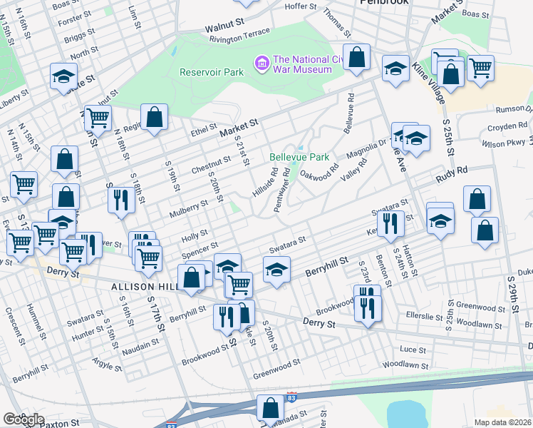 map of restaurants, bars, coffee shops, grocery stores, and more near 117 Hillside Road in Harrisburg