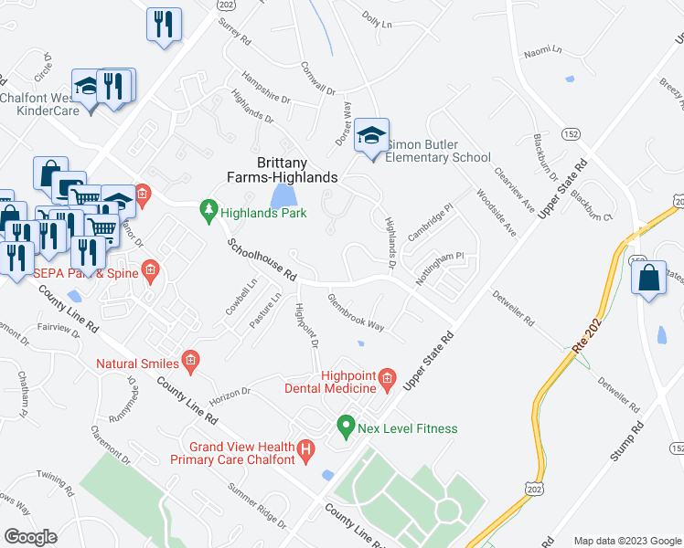 map of restaurants, bars, coffee shops, grocery stores, and more near 208 Prince William Way in Chalfont