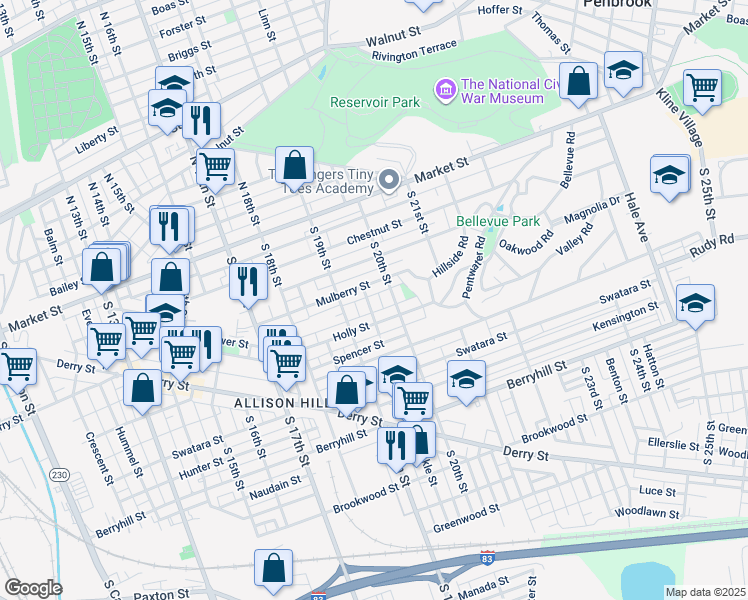 map of restaurants, bars, coffee shops, grocery stores, and more near 221 Yale Street in Harrisburg