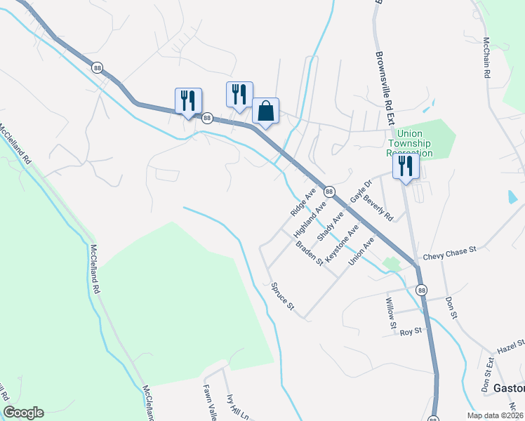 map of restaurants, bars, coffee shops, grocery stores, and more near 6812 Ridge Avenue in Finleyville