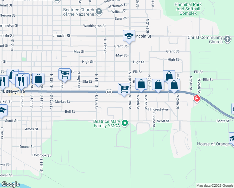 map of restaurants, bars, coffee shops, grocery stores, and more near 1818 Court Street in Beatrice