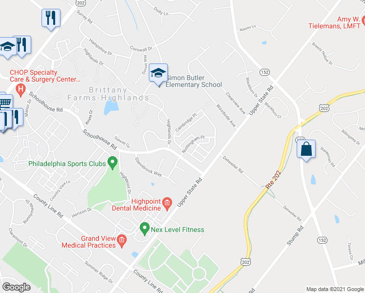map of restaurants, bars, coffee shops, grocery stores, and more near 112 Cambridge Place in Chalfont