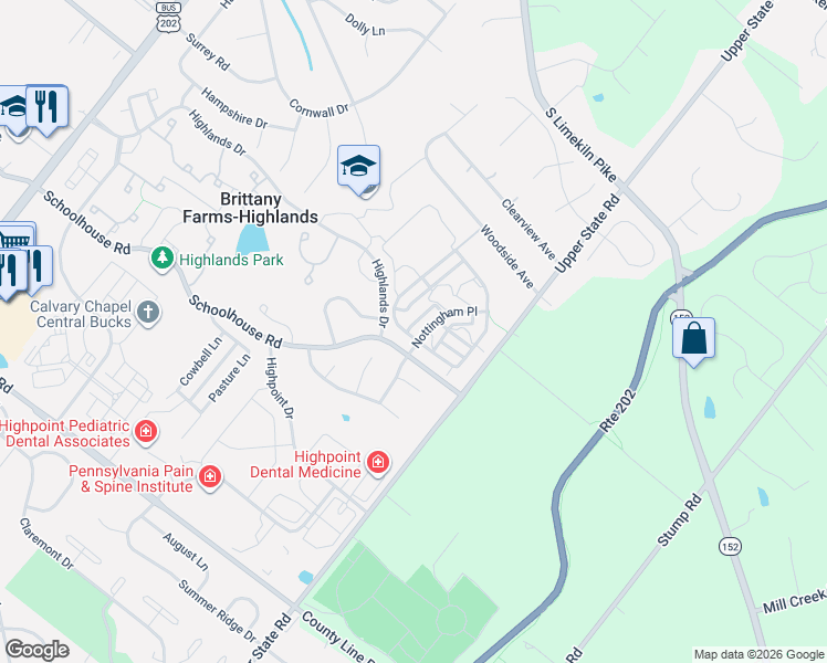 map of restaurants, bars, coffee shops, grocery stores, and more near 112 Cambridge Place in Chalfont