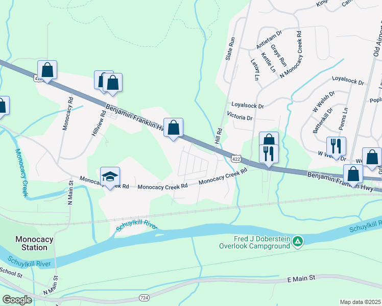 map of restaurants, bars, coffee shops, grocery stores, and more near 96 Valley View Road in Birdsboro