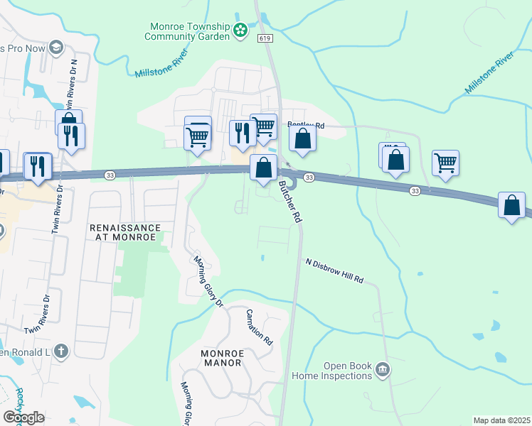 map of restaurants, bars, coffee shops, grocery stores, and more near 100 Prosperity Lane in Monroe Township