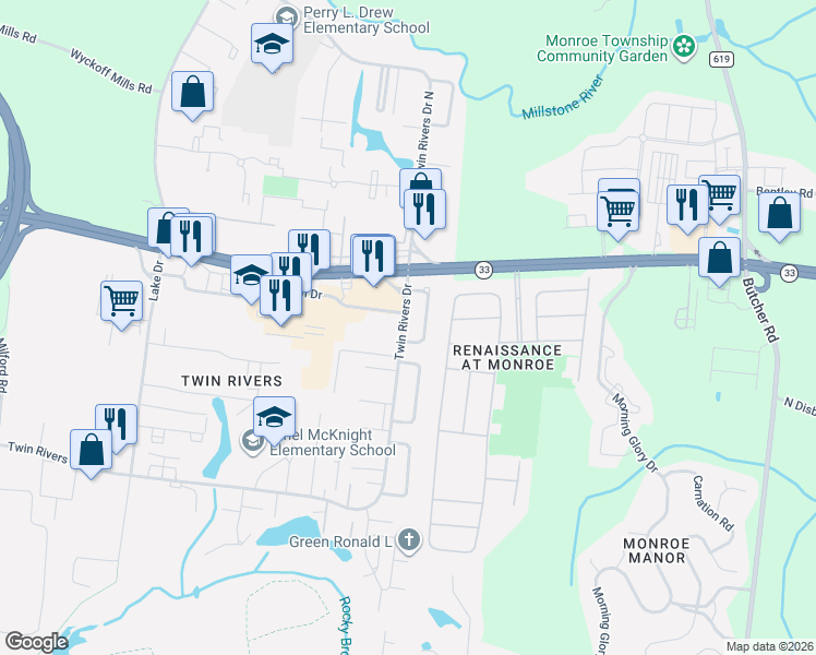 map of restaurants, bars, coffee shops, grocery stores, and more near 7 Twin Rivers Drive in East Windsor