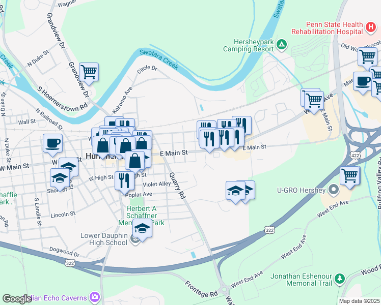 map of restaurants, bars, coffee shops, grocery stores, and more near 280 East Main Street in Hummelstown