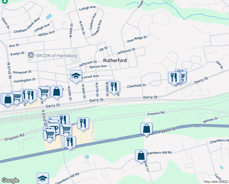 map of restaurants, bars, coffee shops, grocery stores, and more near 6810 Clearfield Street in Harrisburg