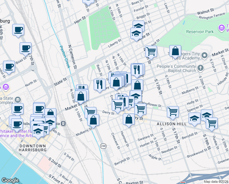 map of restaurants, bars, coffee shops, grocery stores, and more near 1249 Market Street in Harrisburg
