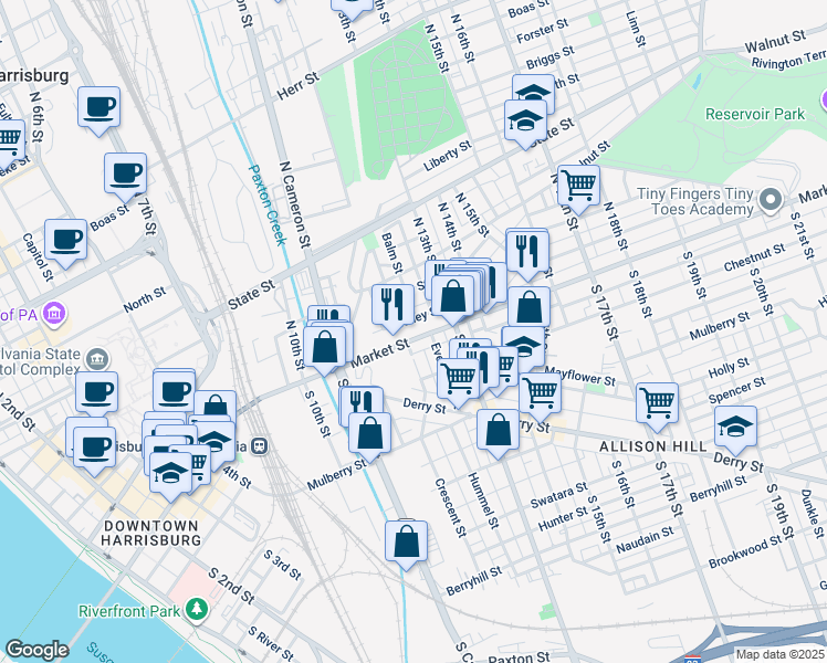 map of restaurants, bars, coffee shops, grocery stores, and more near 1218 Bailey Street in Harrisburg
