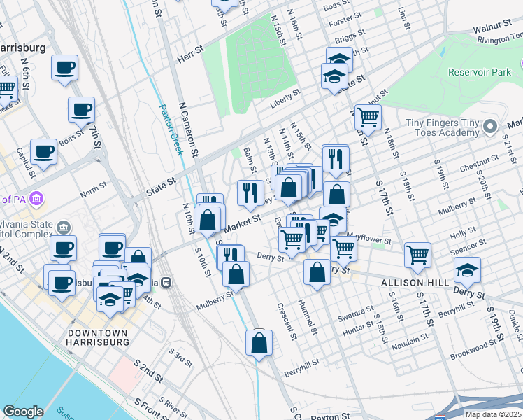 map of restaurants, bars, coffee shops, grocery stores, and more near 1218 Bailey Street in Harrisburg