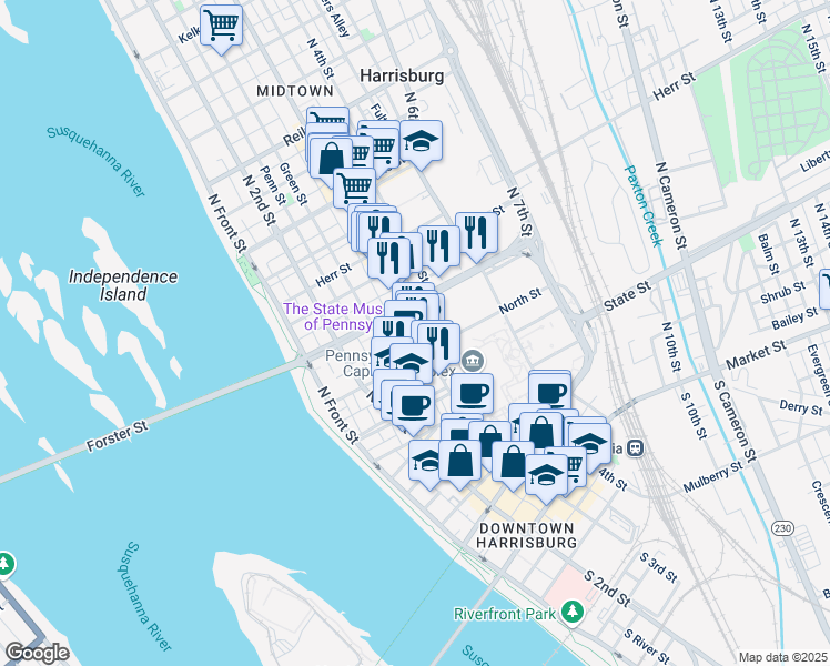 map of restaurants, bars, coffee shops, grocery stores, and more near 300 North Street in Harrisburg