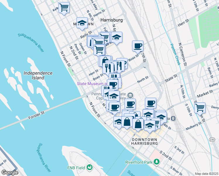 map of restaurants, bars, coffee shops, grocery stores, and more near 825 Susquehanna Street in Harrisburg