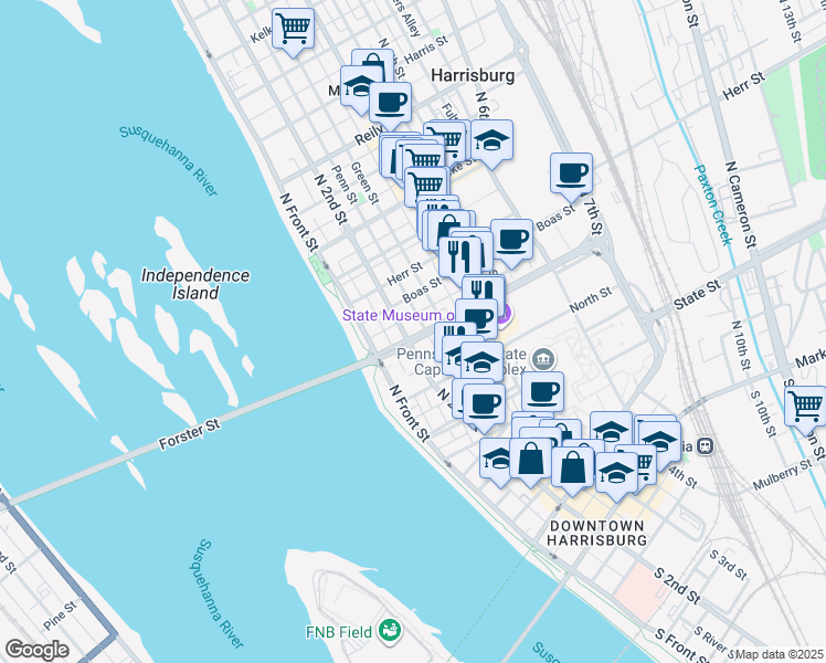 map of restaurants, bars, coffee shops, grocery stores, and more near 220 Forster Street in Harrisburg