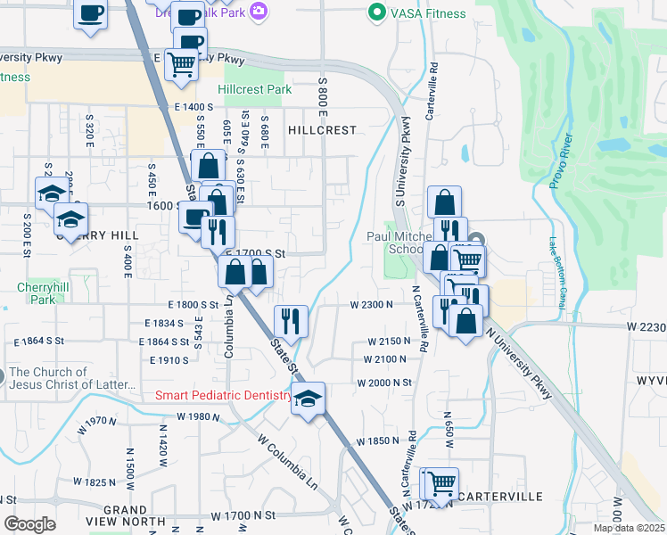 map of restaurants, bars, coffee shops, grocery stores, and more near 1740 South in Orem