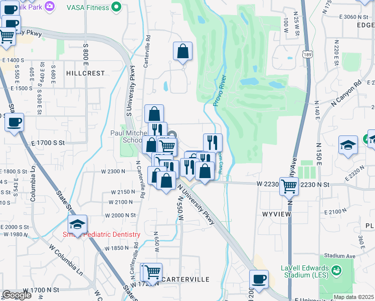 map of restaurants, bars, coffee shops, grocery stores, and more near 2250 North University Parkway in Provo