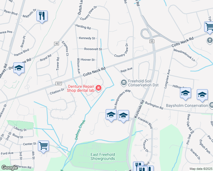 map of restaurants, bars, coffee shops, grocery stores, and more near 505 Harding Road in Freehold