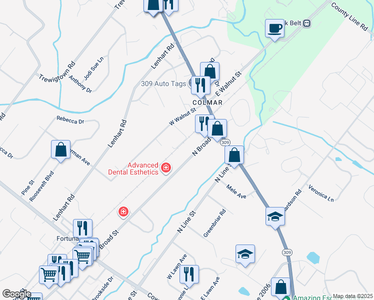 map of restaurants, bars, coffee shops, grocery stores, and more near 2536 North Broad Street in Colmar