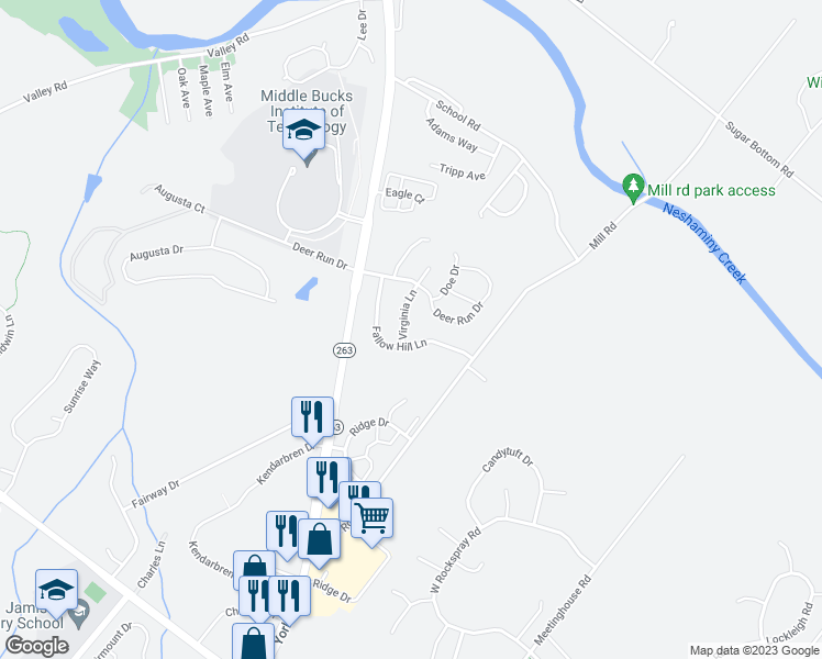 map of restaurants, bars, coffee shops, grocery stores, and more near 2611 Virginia Lane in Jamison