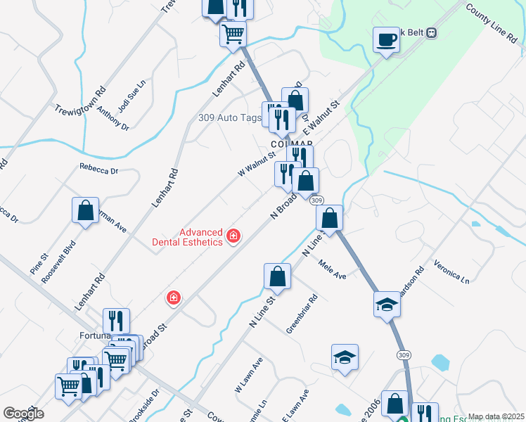 map of restaurants, bars, coffee shops, grocery stores, and more near 2536 North Broad Street in Colmar