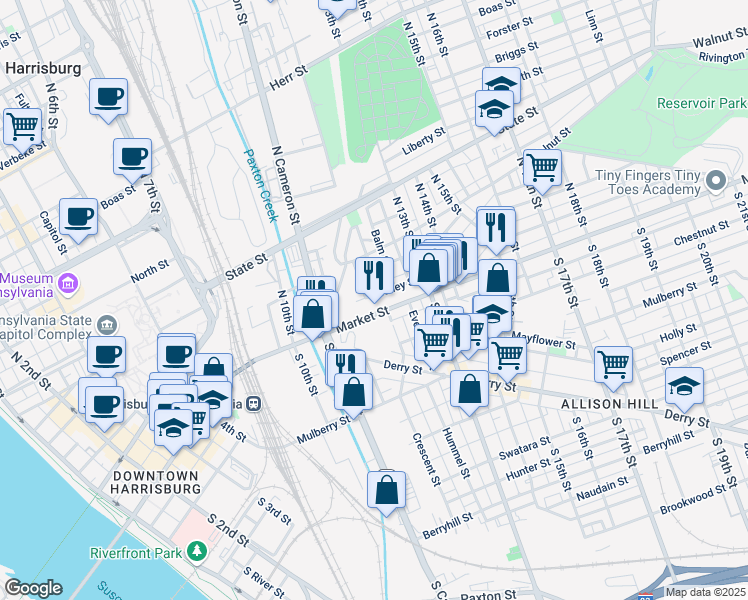 map of restaurants, bars, coffee shops, grocery stores, and more near 1207 Bailey Street in Harrisburg
