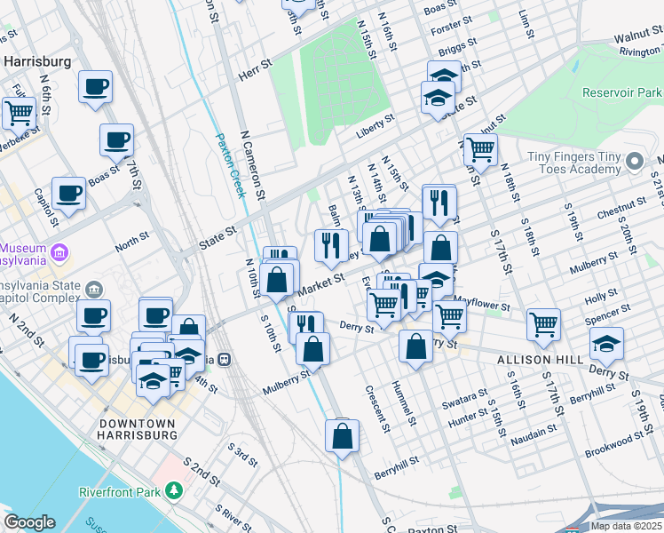 map of restaurants, bars, coffee shops, grocery stores, and more near 1209 Bailey Street in Harrisburg