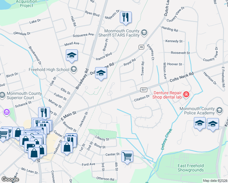 map of restaurants, bars, coffee shops, grocery stores, and more near 9 Duncan Way in Freehold