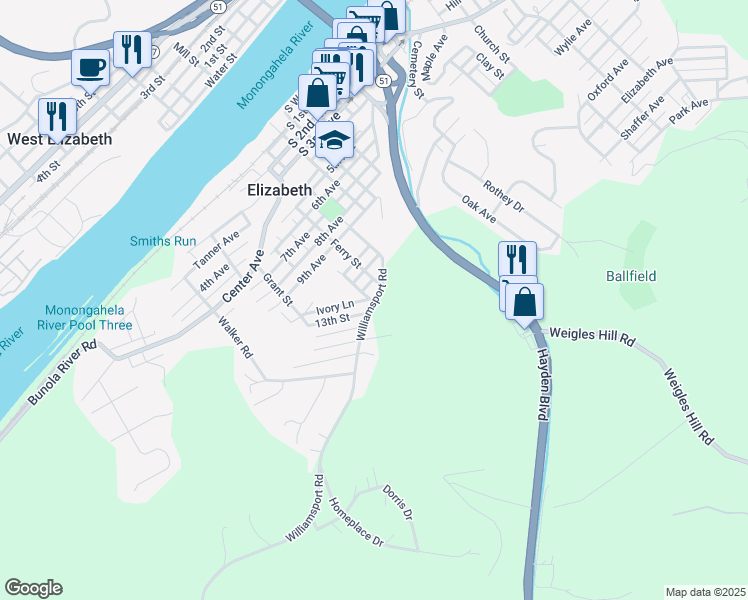 map of restaurants, bars, coffee shops, grocery stores, and more near 1210 Ferry Street in Elizabeth