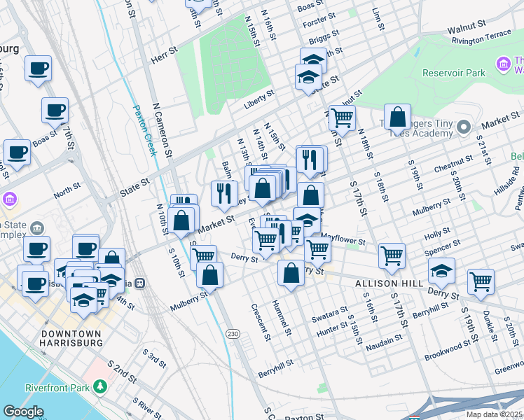 map of restaurants, bars, coffee shops, grocery stores, and more near 1255 Market Street in Harrisburg