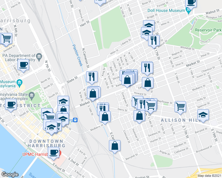 map of restaurants, bars, coffee shops, grocery stores, and more near 1207 Bailey Street in Harrisburg