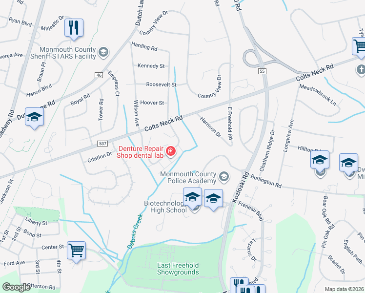 map of restaurants, bars, coffee shops, grocery stores, and more near 504 Harding Road in Freehold