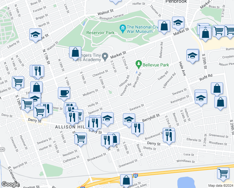 map of restaurants, bars, coffee shops, grocery stores, and more near 214 Hillside Road in Harrisburg