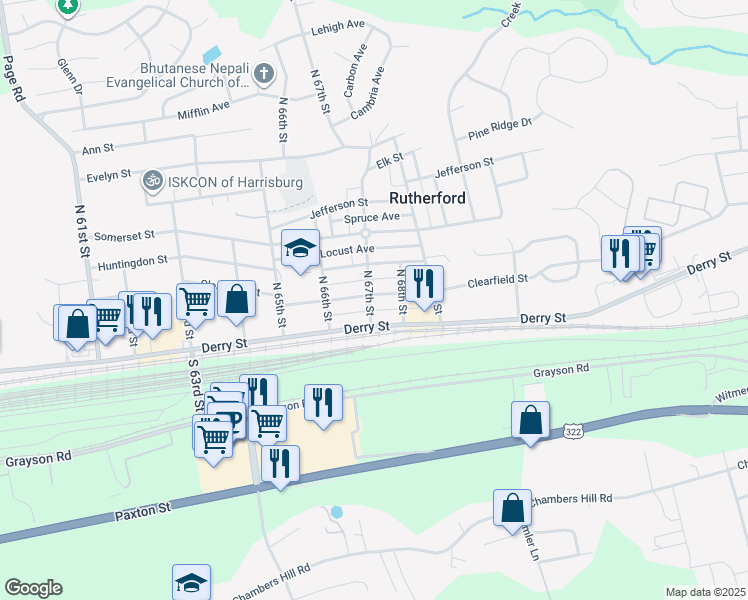 map of restaurants, bars, coffee shops, grocery stores, and more near 6703 Clearfield Street in Harrisburg