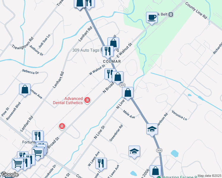 map of restaurants, bars, coffee shops, grocery stores, and more near 2615 North Broad Street in Colmar