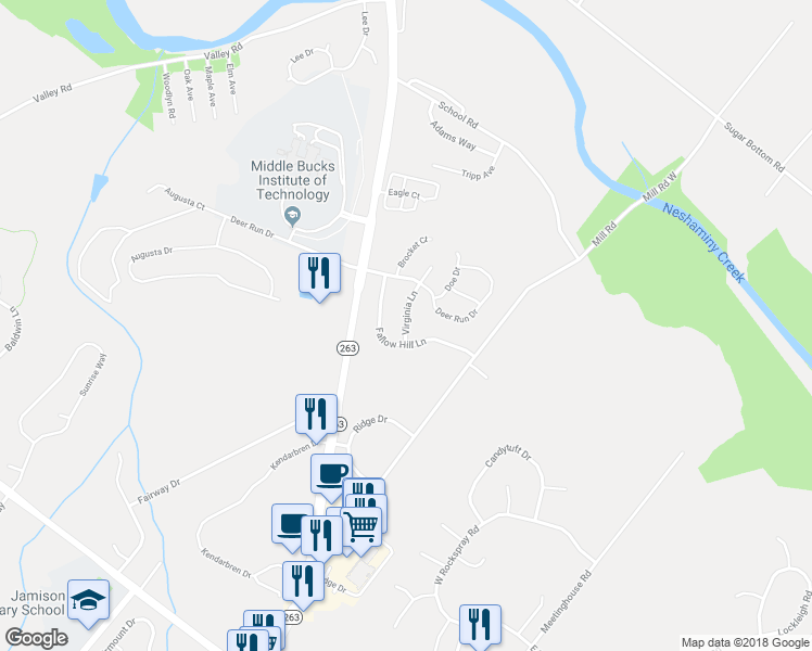 map of restaurants, bars, coffee shops, grocery stores, and more near 2626 Virginia Lane in Jamison