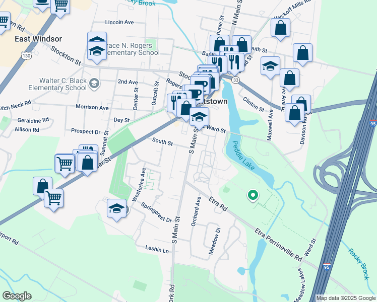 map of restaurants, bars, coffee shops, grocery stores, and more near 302 South Main Street in Hightstown