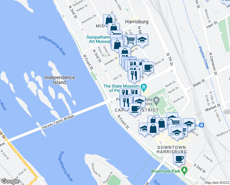 map of restaurants, bars, coffee shops, grocery stores, and more near 912 North 2nd Street in Harrisburg