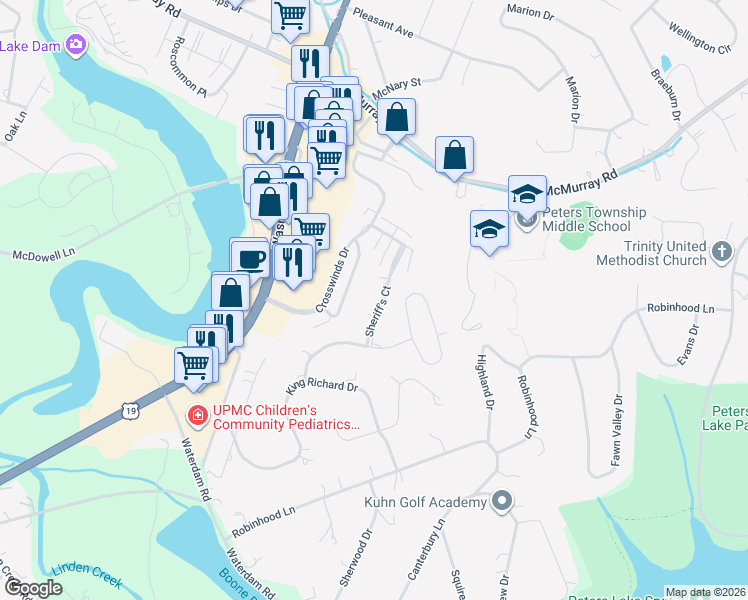 map of restaurants, bars, coffee shops, grocery stores, and more near 1012 Sheriff's Court in Canonsburg