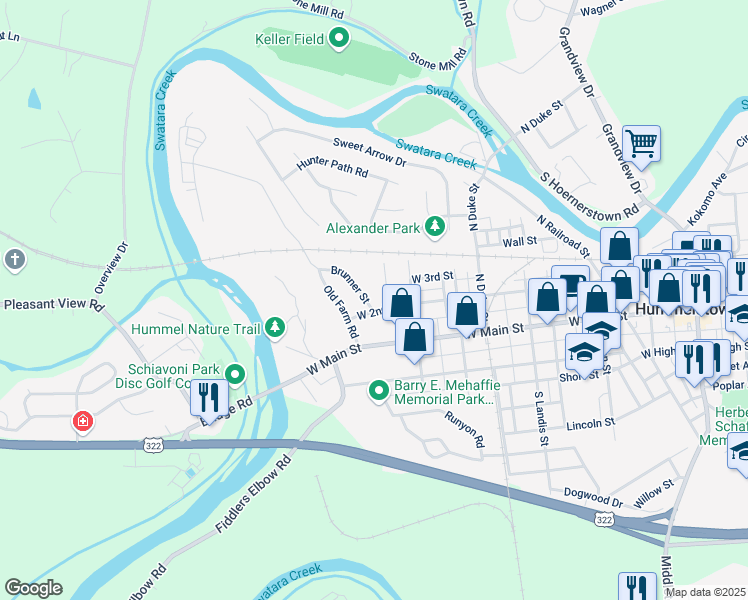 map of restaurants, bars, coffee shops, grocery stores, and more near 107 Brunner Street in Hummelstown