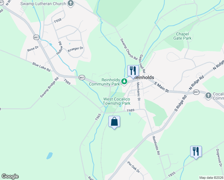 map of restaurants, bars, coffee shops, grocery stores, and more near 10 Creek Road in Reinholds